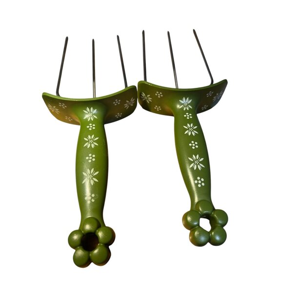 Mid-Century Modern Olive Green Floral Metal Meat Claws & Holder Set Kitchen Cook - Picture 1 of 8